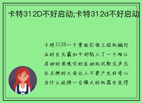 卡特312D不好启动;卡特312d不好启动